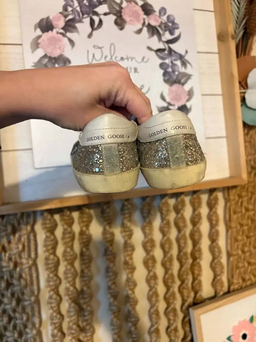 Golden Goose Kids  Super-Star Silver Glitter and Suede Low-Top Sneakers